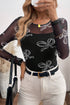 Round Neck Bow Print Long Sleeve Mesh Top